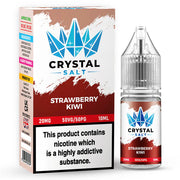 A product image showing a bottle of Crystal Salt Strawberry Kiwi flavor e-liquid next to its packaging box. The packaging has branding and nicotine warning labels.